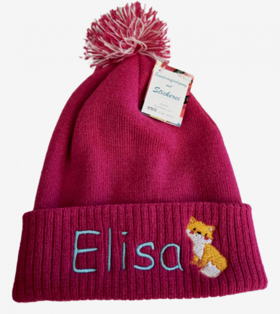 Kinder-Snow-Bommel-Strickmütze mit Motiv / Namen bestickt